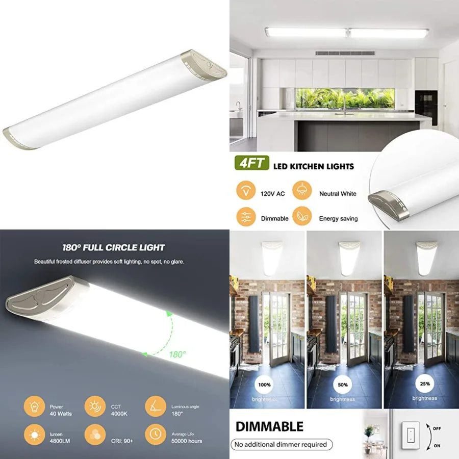 

Dimmable 4Feet LED Kitchen Puff Ceiling Lights, 40W, 4800LM,,4 Feet LED Linear Fixture 48 Inch Flush Mount Wraparound Shop Ligh