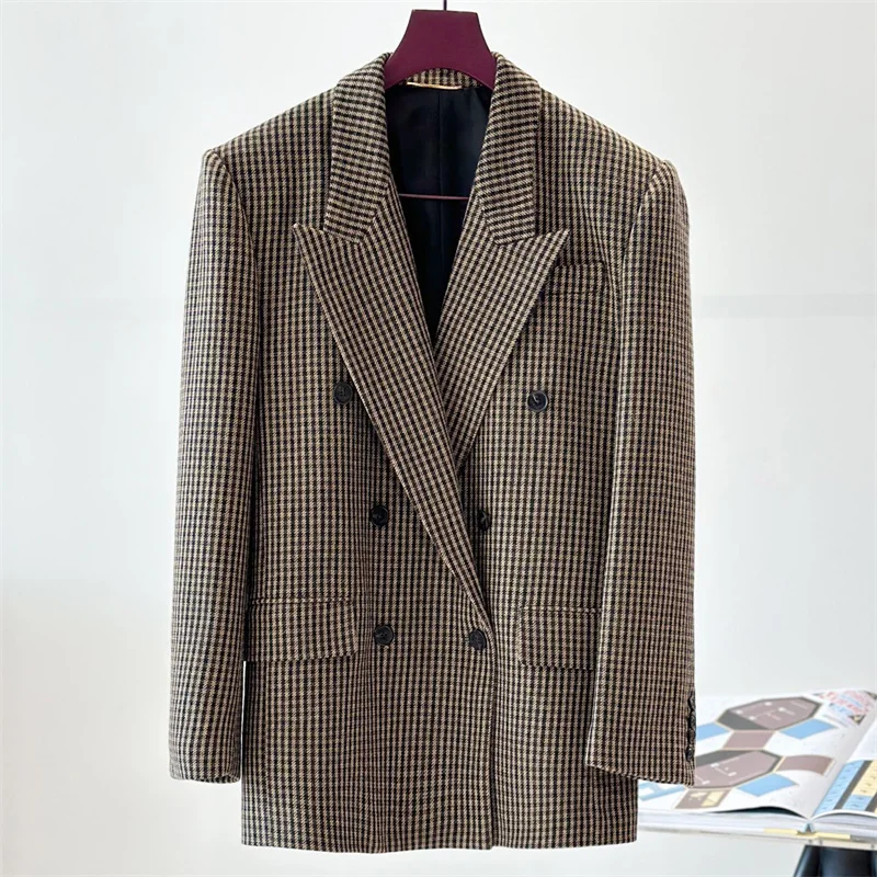 Blazer da donna 2024 autunno nuovo in giacche doppiopetto slim fit giacca da donna in misto lana di alta qualità cappotto pied de poule