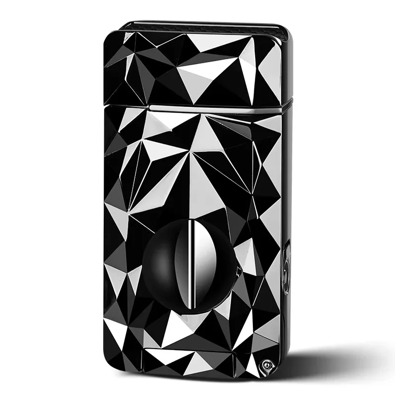 Diamond Cut Surface Multi-Functional Metal Cigar Lighter - Windproof V-Cut with Three Blue Torches Portable Gas Lighter for Men