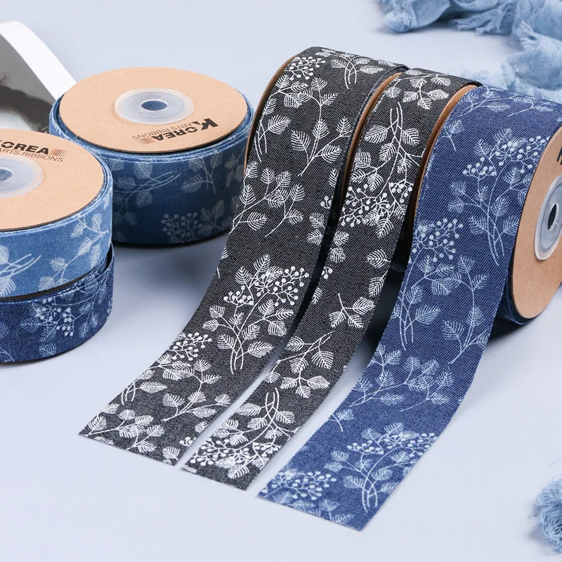 1m/4cm Bouquet Leaf Print Denim Webbing Lace DIY Handmade Bow Headband Hair Ring Sewing Accessories