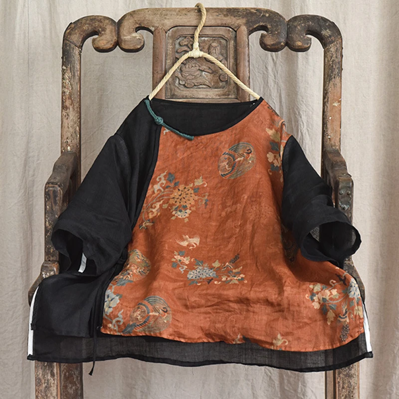 Donne di stile cinese Casual T-shirt di lino Nuovo arrivo 2025 Estate Vintage O-Collo Patchwork Stampa Allentato Femminile Magliette e camicette Tees M1364