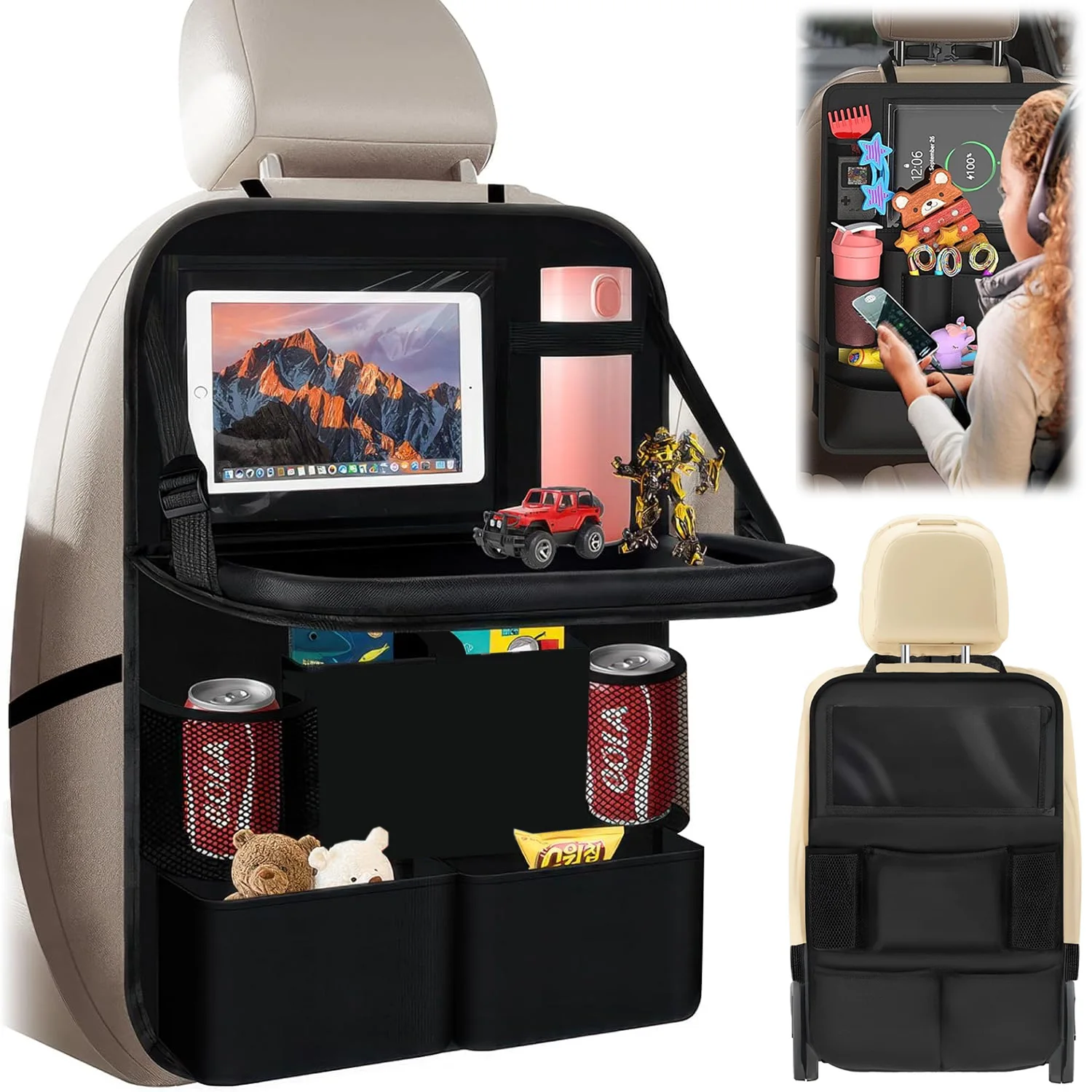 Auto-Sitz-Organizer, wasserdicht, mit klappbarem Tisch, verstellbarem Riemen, mehreren Taschen, passend für die meisten Fahrzeuge, Auto-Innenraum-Aufbewahrung, 62*43cm