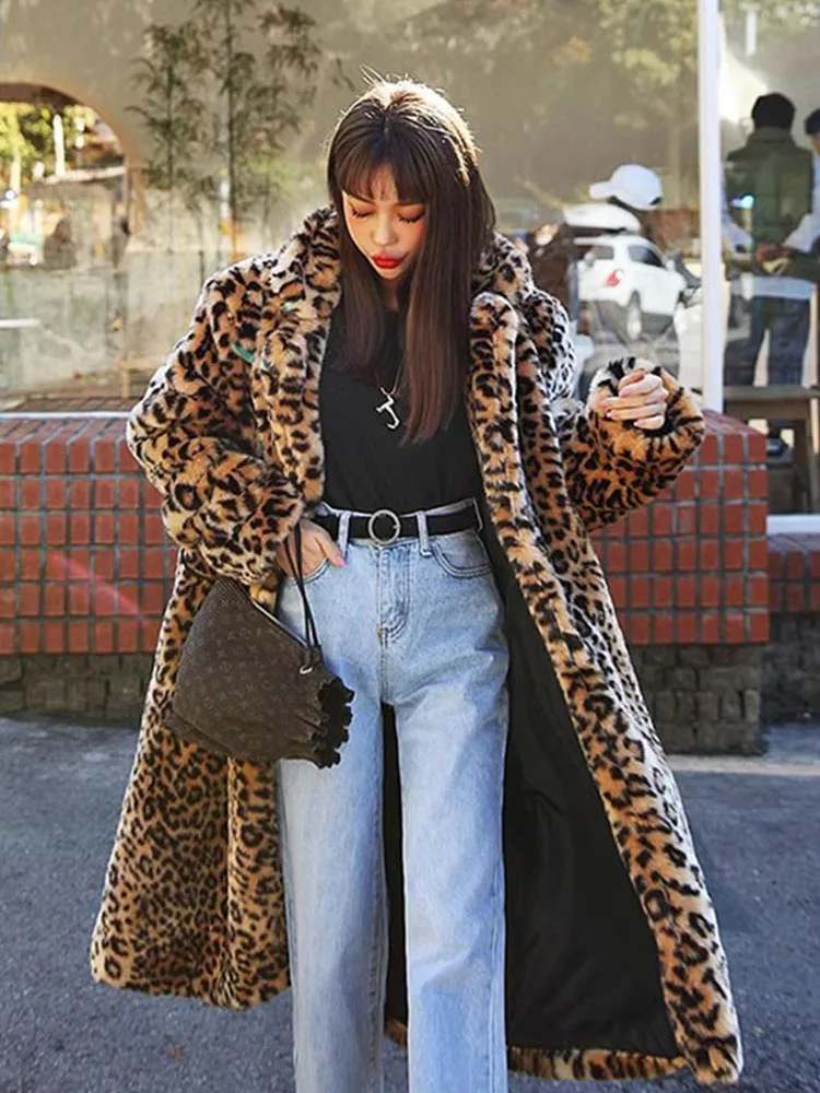 ZADORIN Winter Long Fluffy Leopard Print Jacket Women Lapel Warm Faux Fur Coat Women Korean Fashion Loose Fur Jacket Outerwears