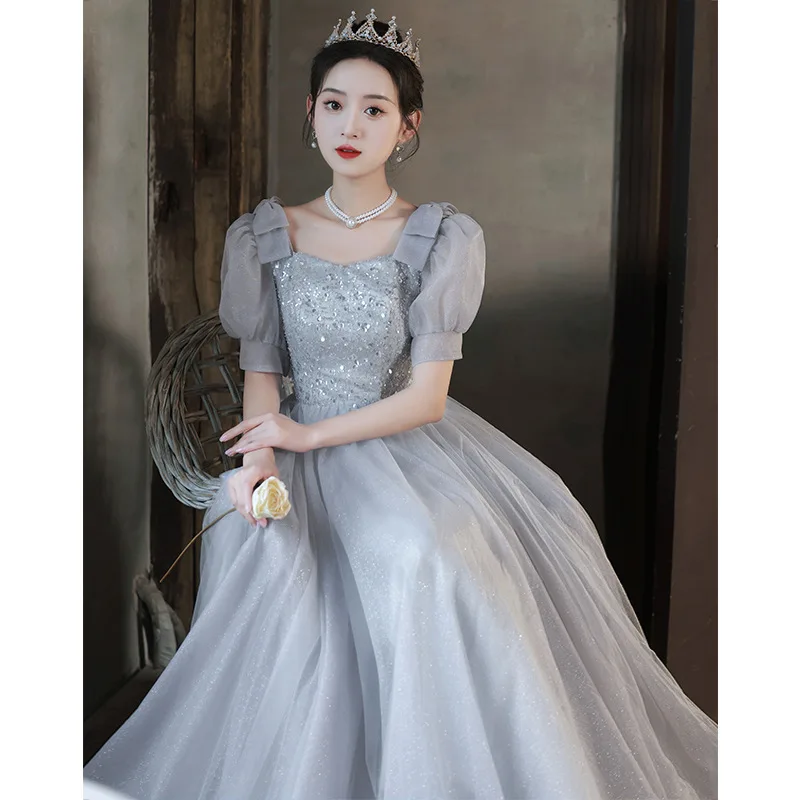 

French Elegant Women Prom Dress Puff Sleeve Glitter Lace Up Floor Length Evening Gown Temperament Banquet Mesh Dresses