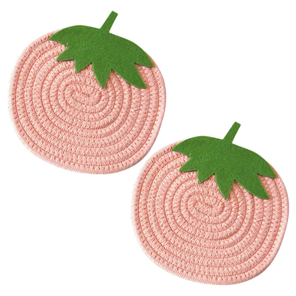 

2Pcs Cute Strawberry Shaped Woven Coaster Set Heat Resistant Anti Skid Cutlery Mat Home Kitchen Decor Place Mat