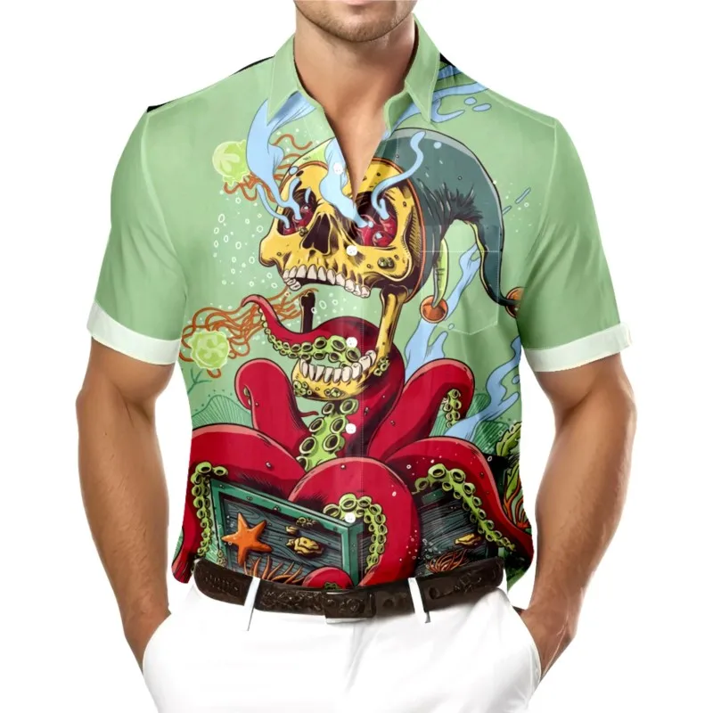 New Designed Skull Octopus Print Chest Pocket Hawaiian Green Shirt For Men Casual Daily Short Sleeve Shirt Clothing Tops