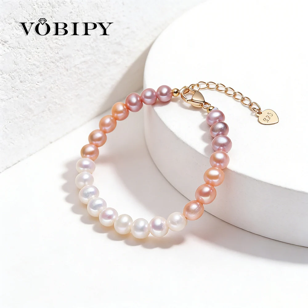 

VOBIPY браслет из натурального пресноводного жемчуга для женщин, серебро 925 пробы, покрытие из розового золота, регулируемый, 16 + 4 см, браслет из бисера, ювелирное изделие, подарок