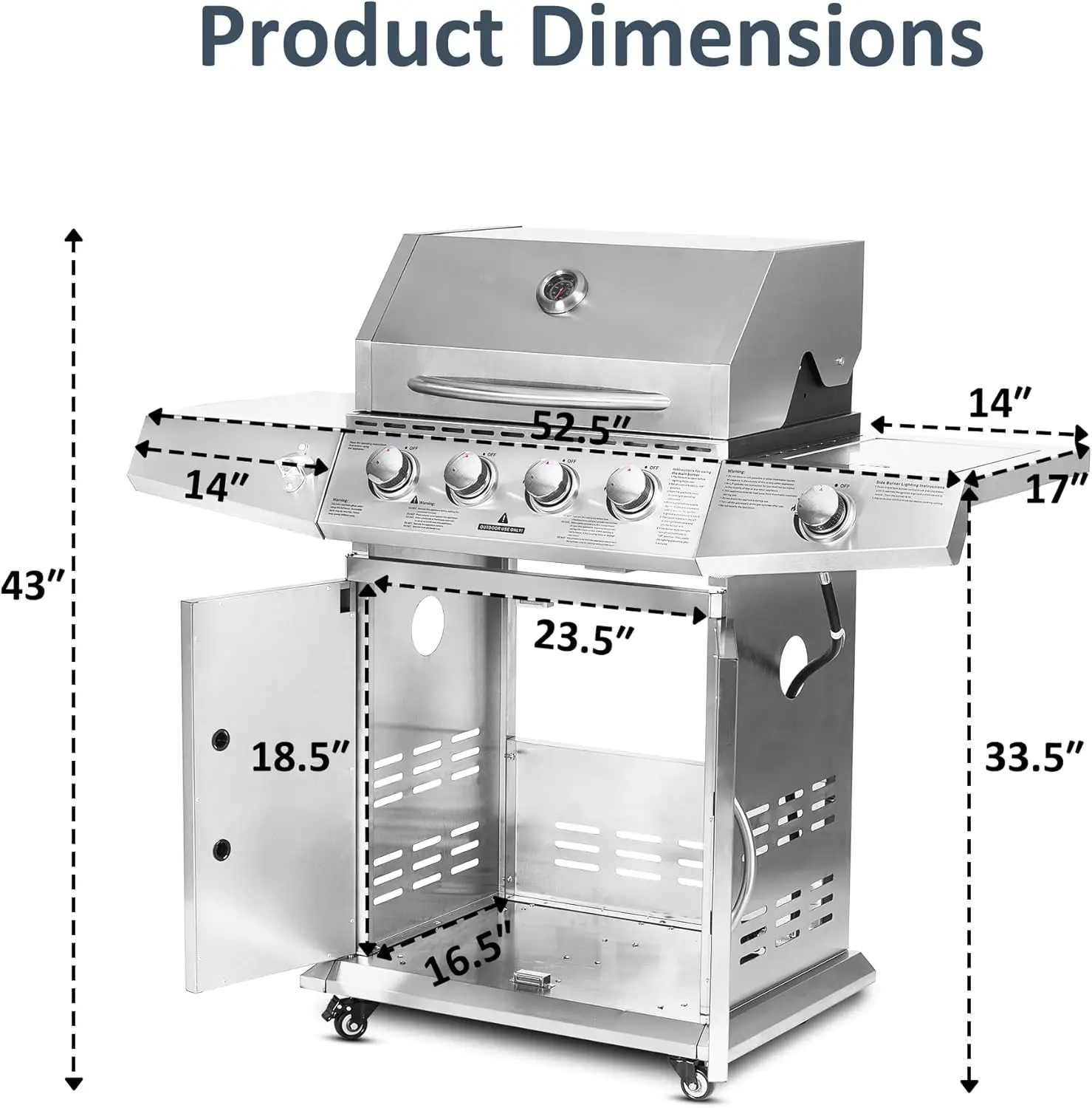 Propane Gas Grill 4 Burners with Side Burner, Stainless Steel Grill Cart with Wheels for Outdoor Patio Garden Backyard Cooking image 4