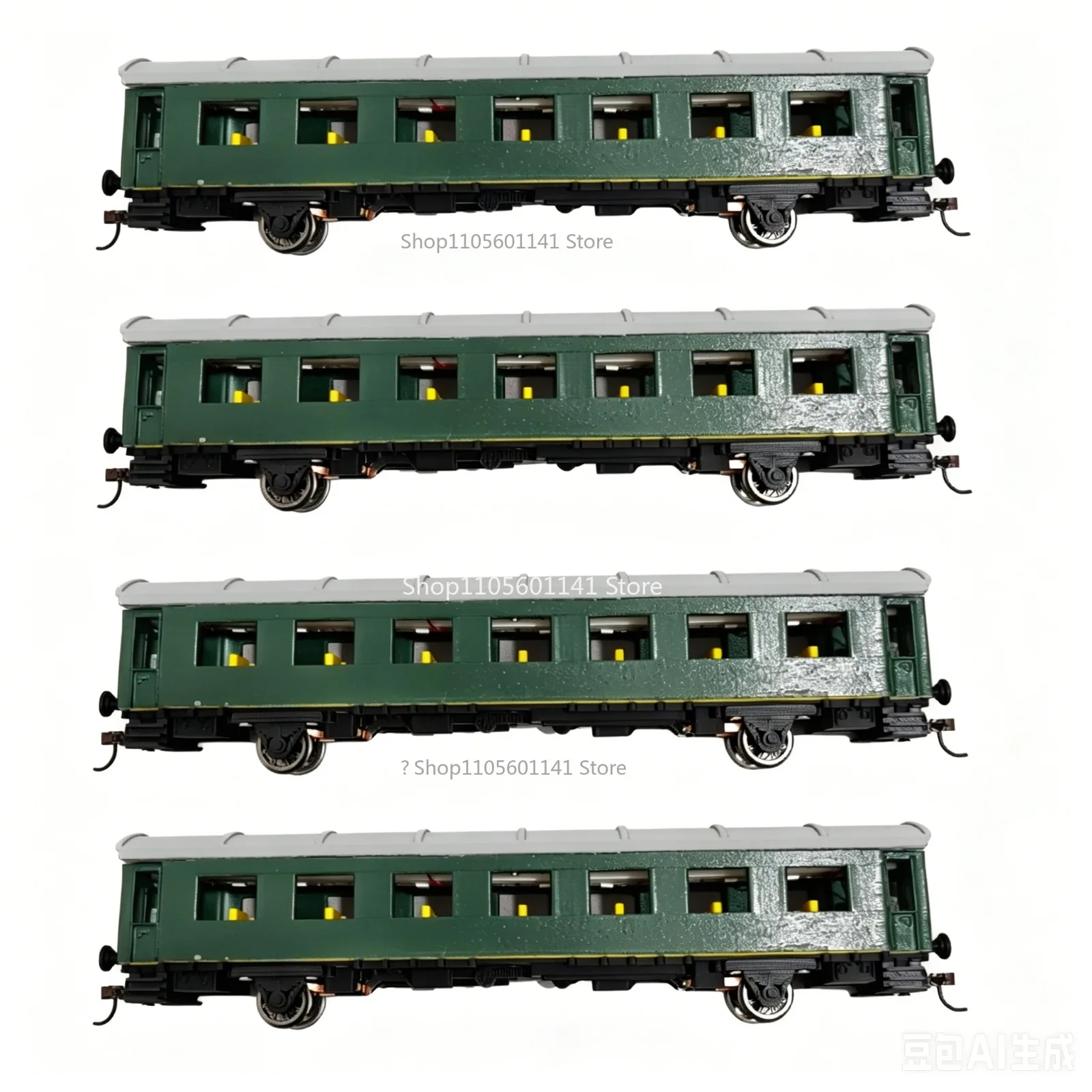 HO Scale 1:87 Train Model Passenger Carriages 4pcs Without Light/with Light Green Skin Train Carriages No Power Railway Layout
