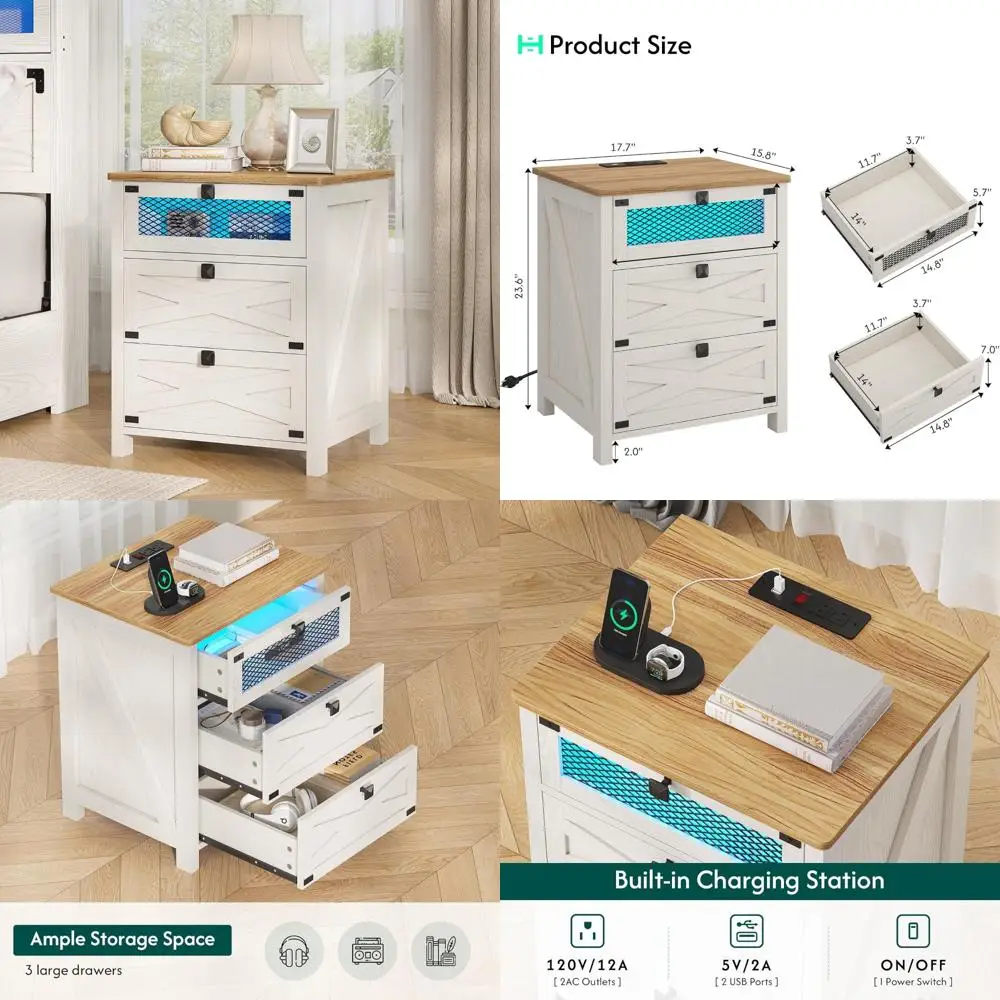 

rustic white vintage nightstand with charging port and led lights for bedroom