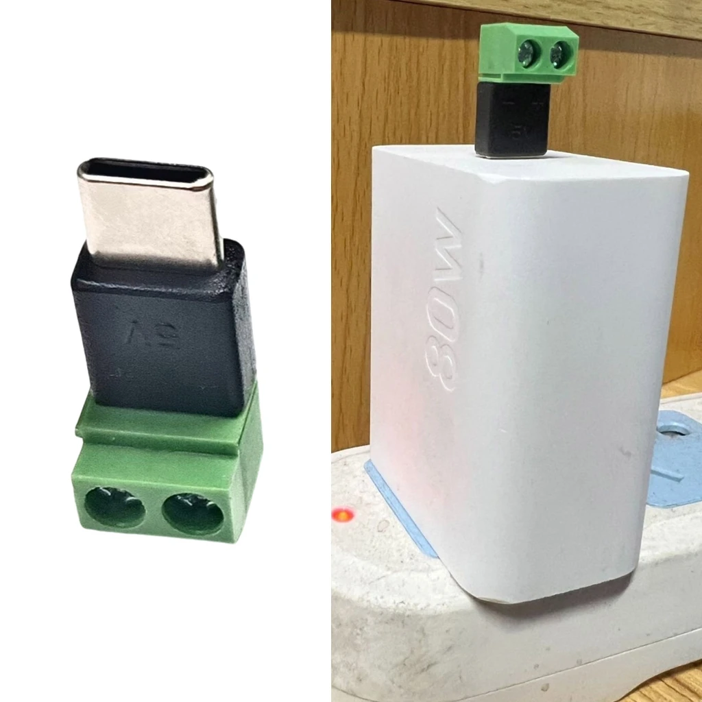 Type C Male 5V to 2 Pin No Solder Green Terminal Adapter Quick Connection Head for Charging Phones Tablets and More