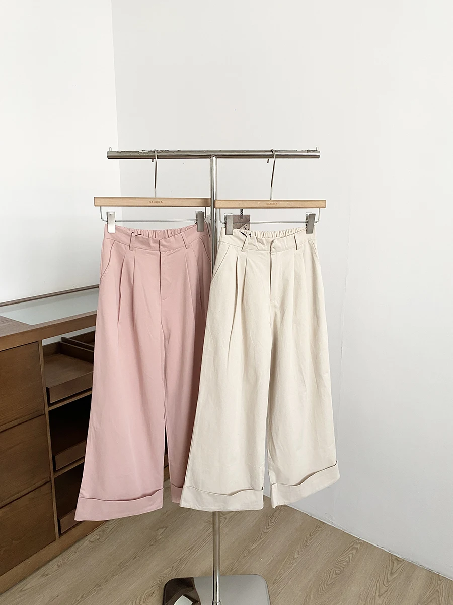 Spring 2026 Korean Style Chic  Color Casual Pants High Waist Wide Leg Loose Fit Women's Commute Friendly Cuffed Trousers