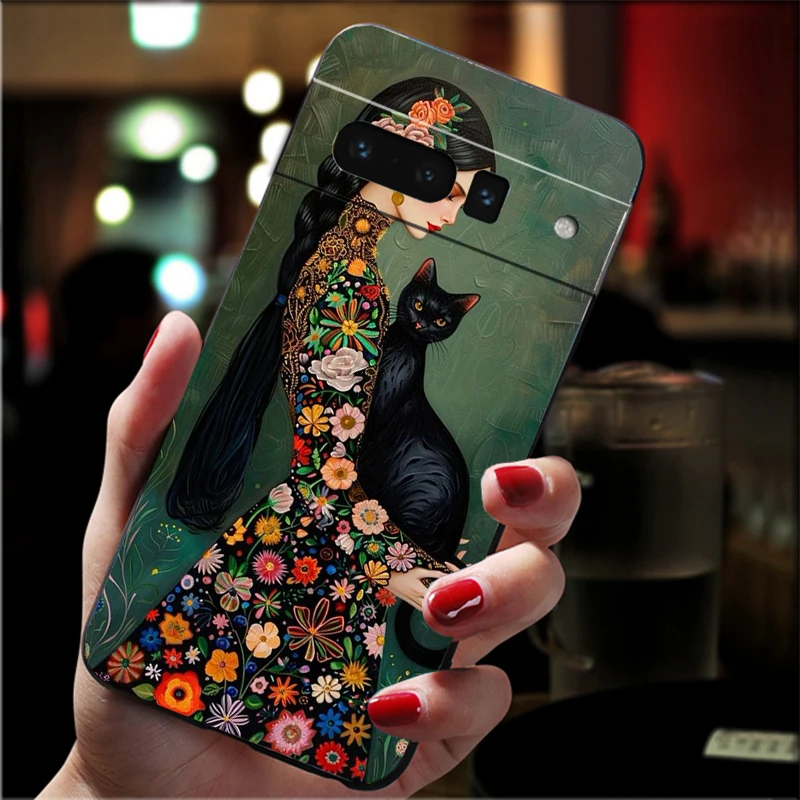 Woman and Cat Art Phone Case For Google Pixel 9 Pro XL 8 7 6 Pro Pixel 8A 7A 6A 4A 3A 3XL Pixel 8 7 6 5 4