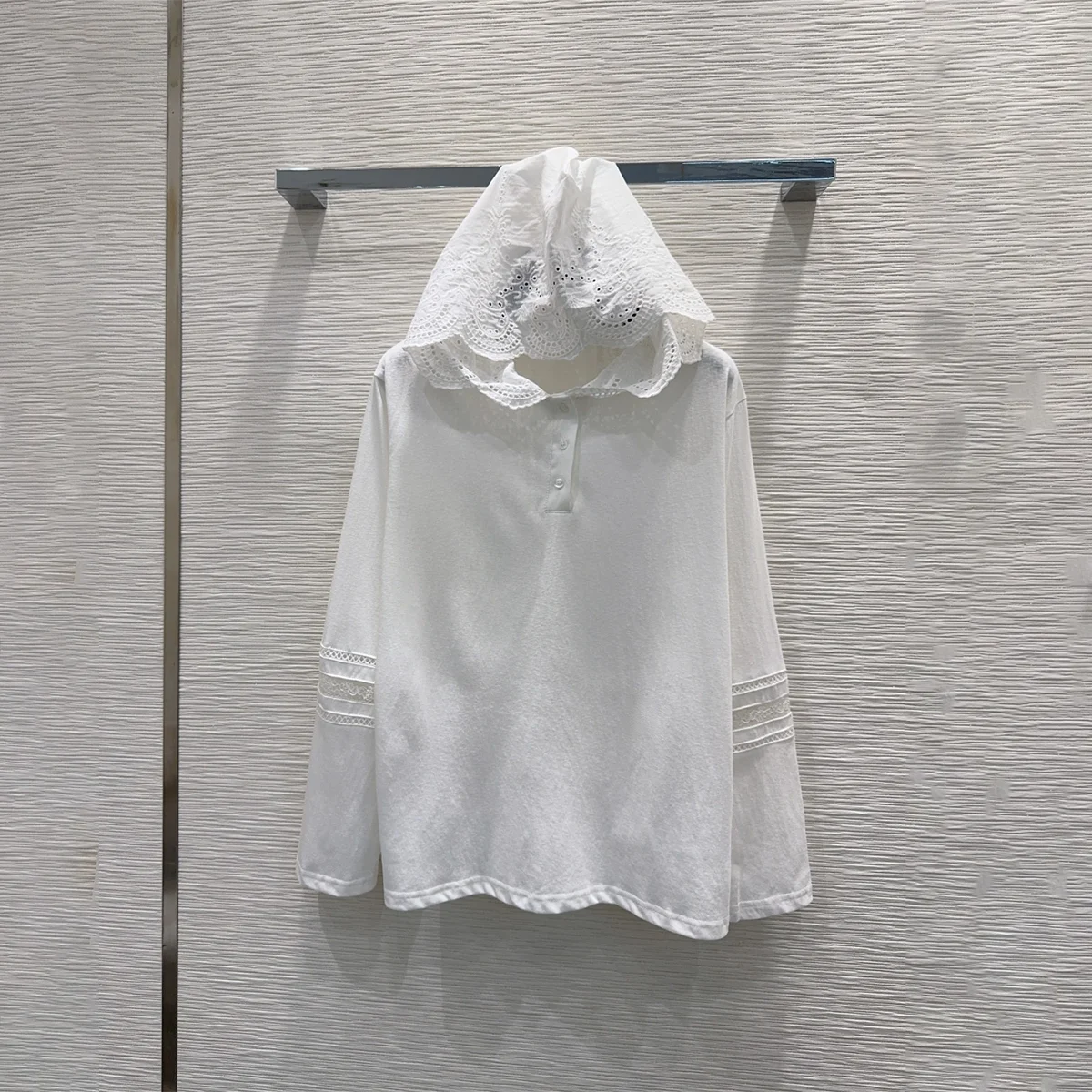 2026 High quality women's cotton embroidered hollowed out hooded semi open button long sleeved top--hb806