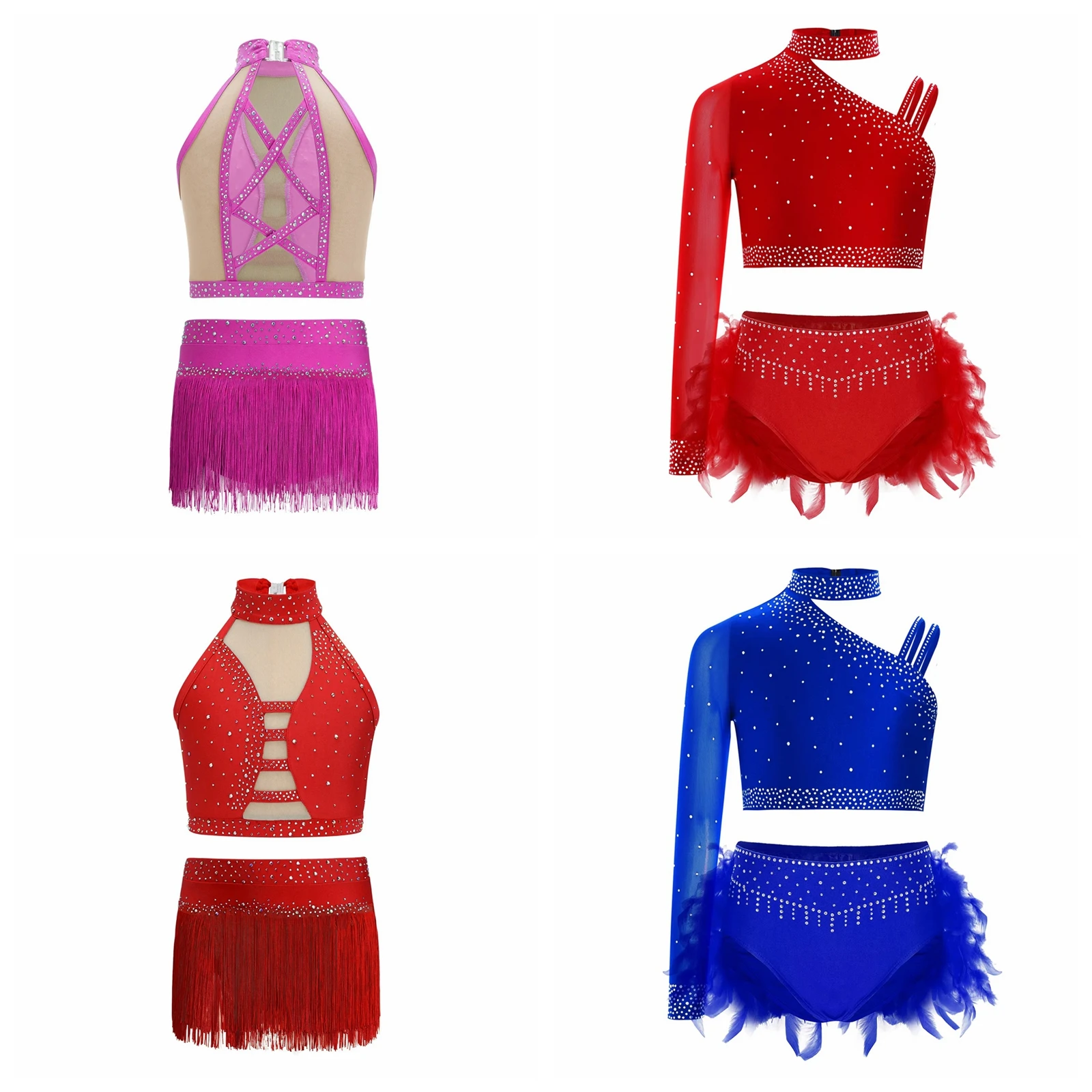 Teenager Ballsaal Fransen Chacha Rumba Tango Salsa Tanzkostüm Feder Lateinamerikanisches Tanzoutfit Kinder Mädchen Tanzbekleidung Sets