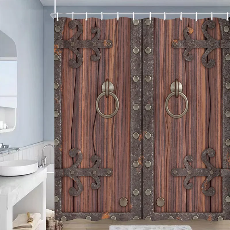 Vintage Wooden Door Shower Curtain Farm Barn Retro Brown Plank Modern Polyester Fabric Home Bathroom Decorative Bath Curtains