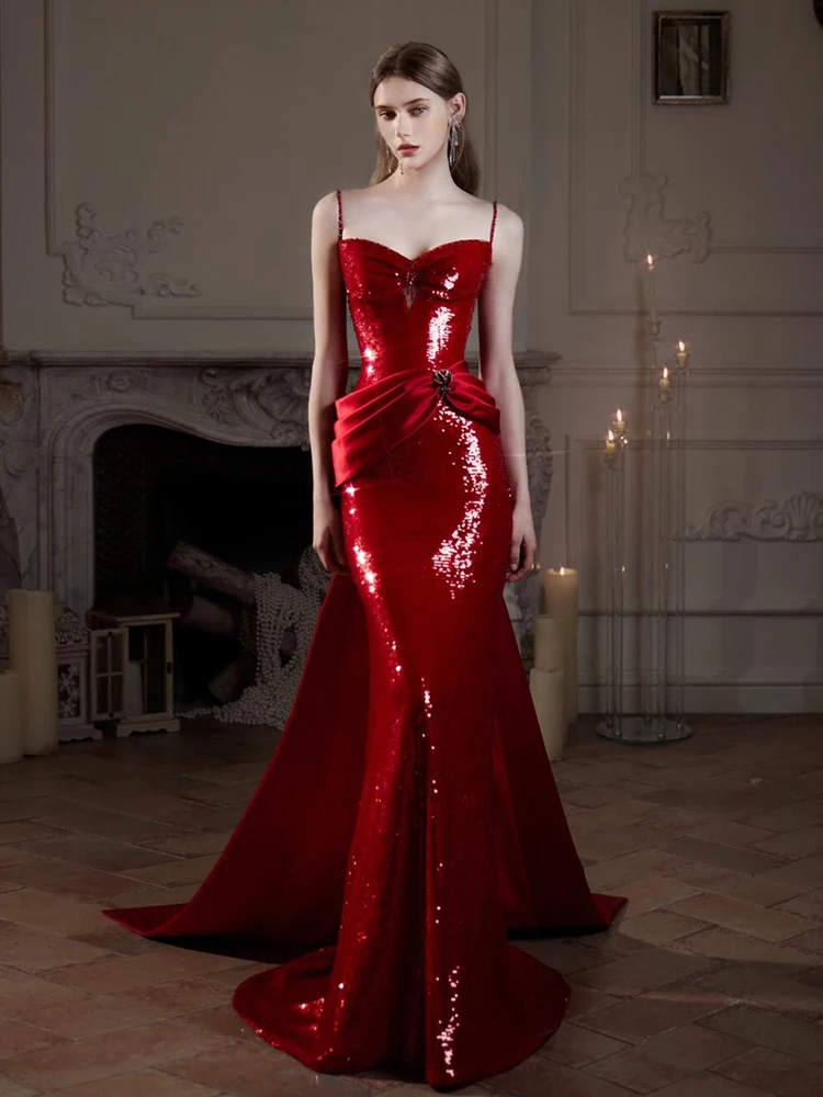 

Красное вечернее платье цвета винного красного вина с блестящими пайетками, фасон «рыбий хвост», без бретелек, с длинной юбкой, для молодых женщин