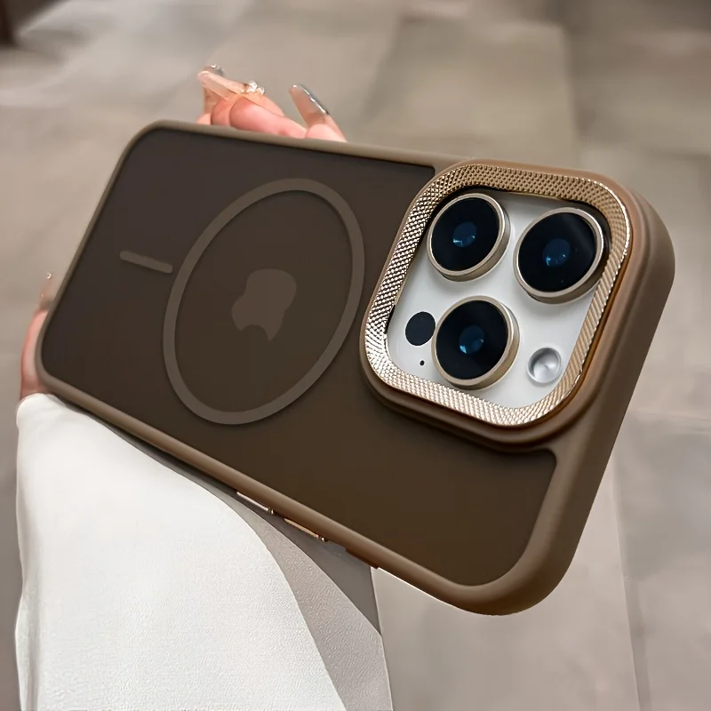 For iPhone 17 Pro Series Brown Semi-Transparent Case with Woven Texture Lens Frame Ring Shockproof Camera Guard Cover 16 15 14