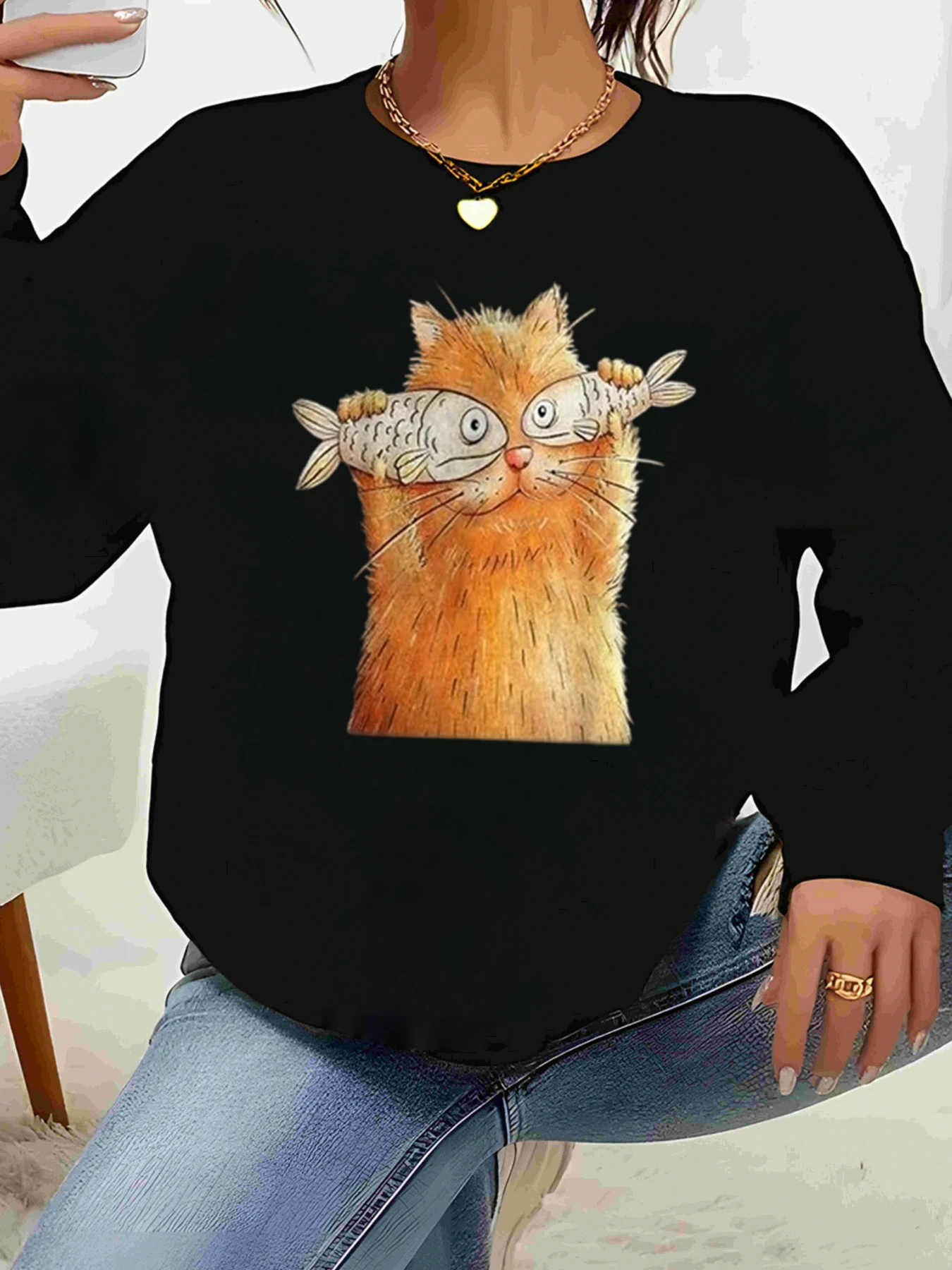 

Топ с длинными рукавами и принтом кота с рыбой, повседневная одежда на Хэллоуин, женская мода