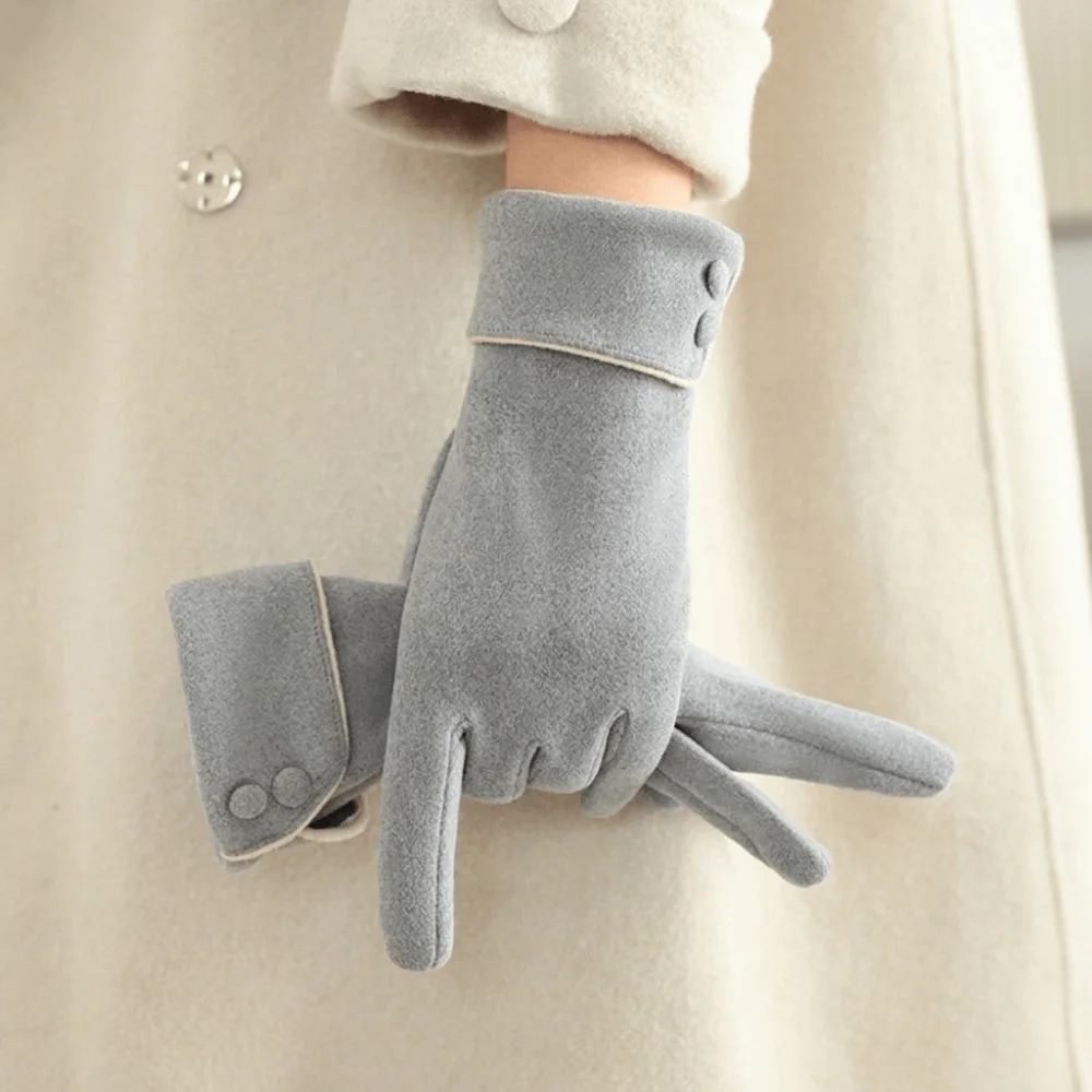 Elegant Button Winter Gloves Fleece Full Finger Women Gloves Warm Anti Cold Cycling Mittens Outdoor