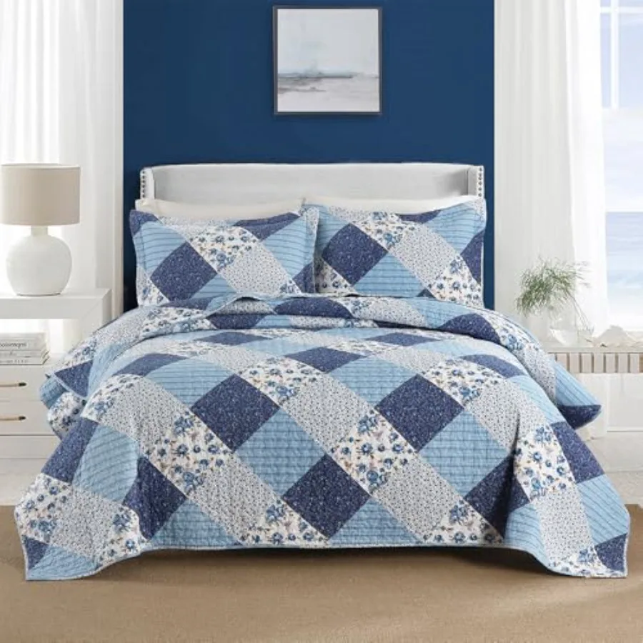

Cotton Bedspread Quilt Sets Reversible Rustic Coverlet Sets Comforters White Floral Patchwork Pattern Bedding Sets, Size