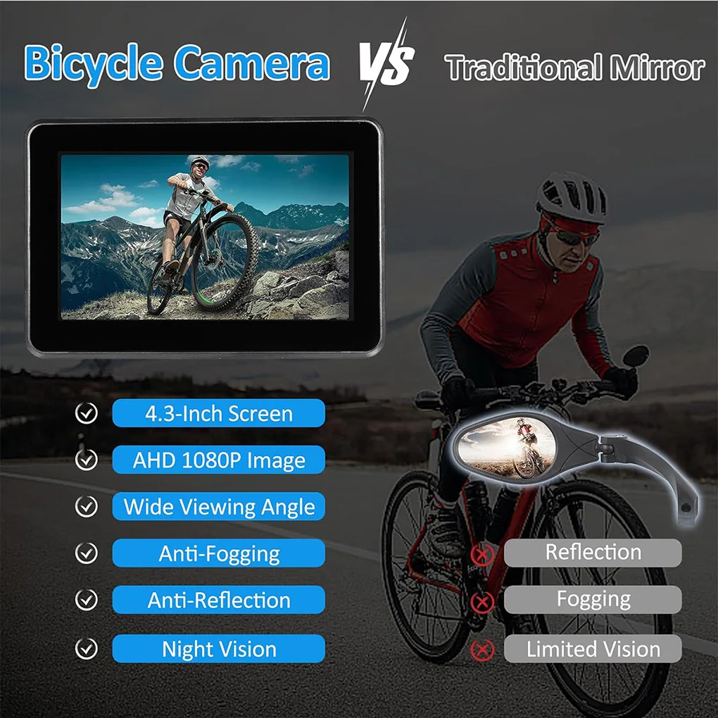 

4.3in Bike Rear View Camera 1080P HD Display Screen Real-Time Road Monitoring Bicycle Rear View Camera for Mountain Bike