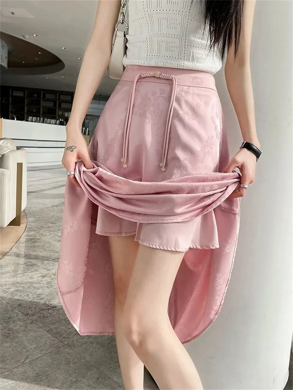 Chinese  Style Satin Jacquard Skirt with Buckle for Women's Summer Thin High Waist Loose A-word Long Umbrella Skirts for Women