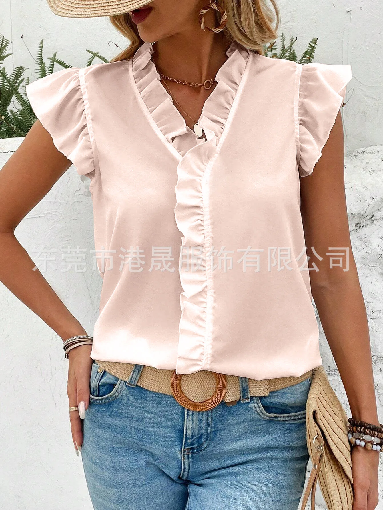 Summer White Top Blouses Women Fashion V Neck Sleeveless Rufffles Office Elegant Casual Tops Shirts Female Holiday Green Shirt