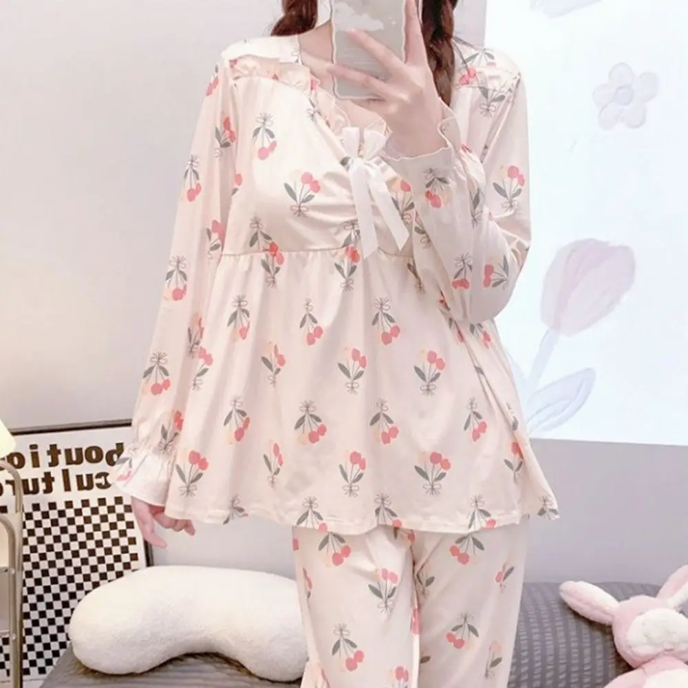 Plus Size 5XL 150KG Women Autumn Sleepwear Set V Neck Long Sleeve Tops and Pants Pajamas Sets For Women Big Size Home Wear