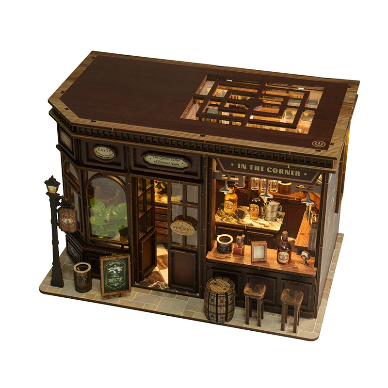 Casa de taberna de esquina DIY, Kit de modelo en miniatura de madera, rompecabezas 3D con muebles ligeros, casas de muñecas, cabaña para amigos, regalos de cumpleaños