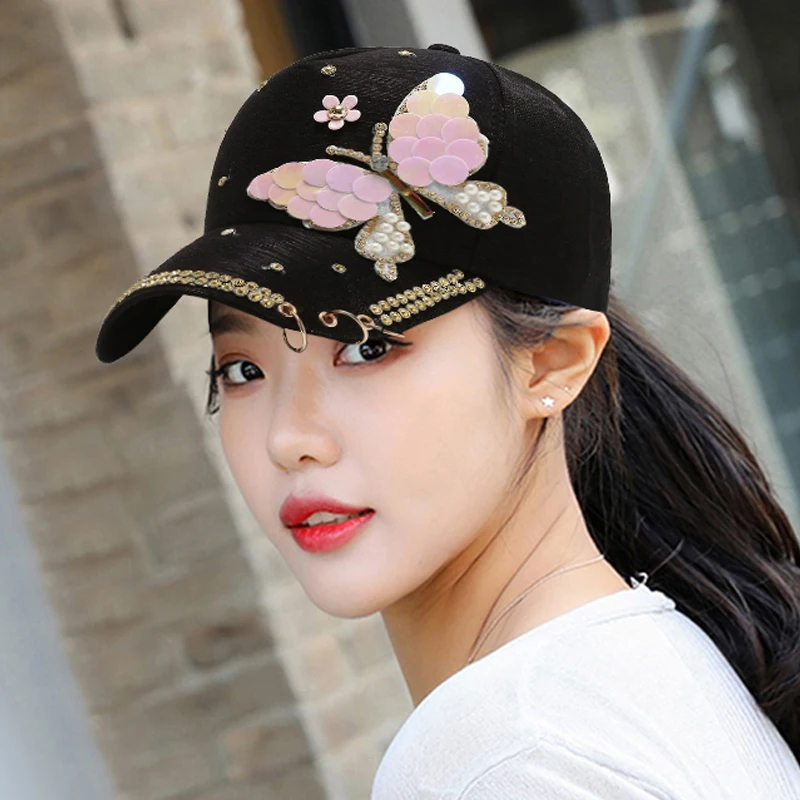Frühling und Sommer koreanische Version Schmetterling besetzte Diamant-Baseballmütze im Freien Damen Sonnenschirm Metall drei Ring Sonnenhut