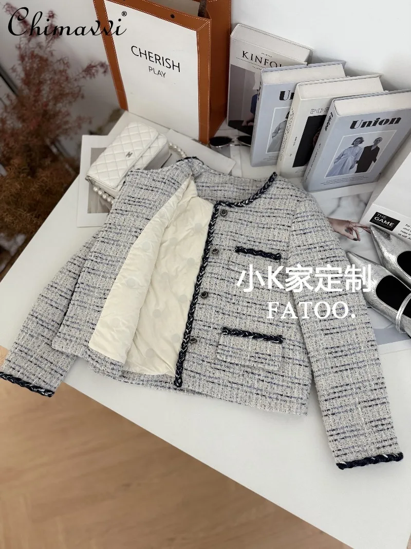 2025年冬新作 高級ヘビーニット長袖スリムショートダウンコート レディースファッション シングルブレスト エレガントジャケットトップ