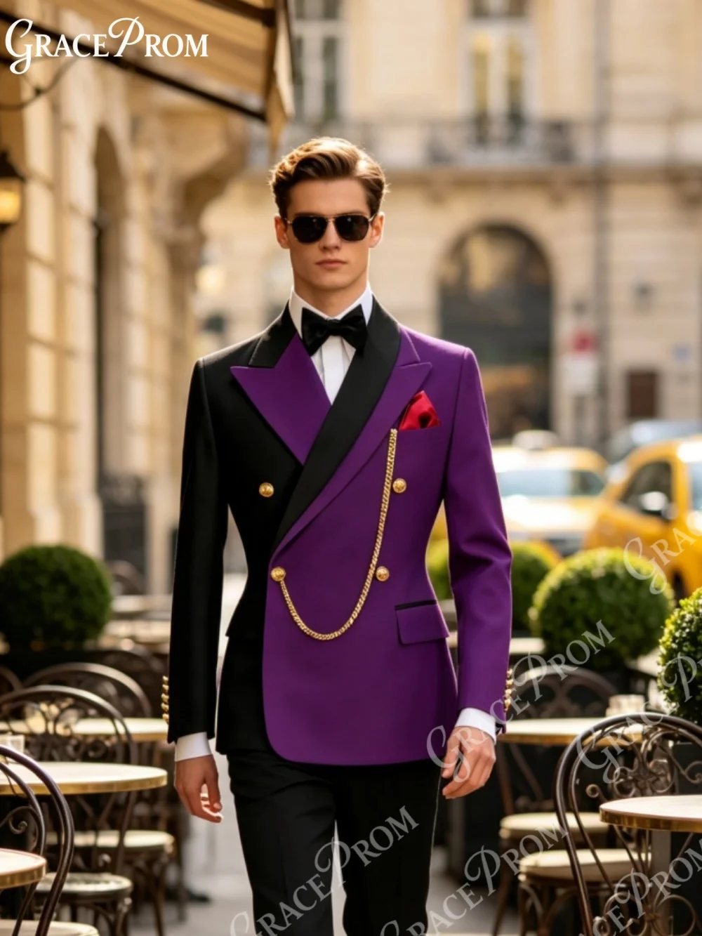 Fashion Men Contrast Purple Black Double Breasted Tuxedo Suit 2PCS Satin Lapel Gold Chain Buttons Wedding Groom Blazer Pants Set
