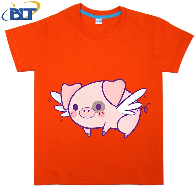 Flying Piggy Printed Kids Shirt Summer Cotton Short Sleeve Casual Tops Suitable for Boys and Girls