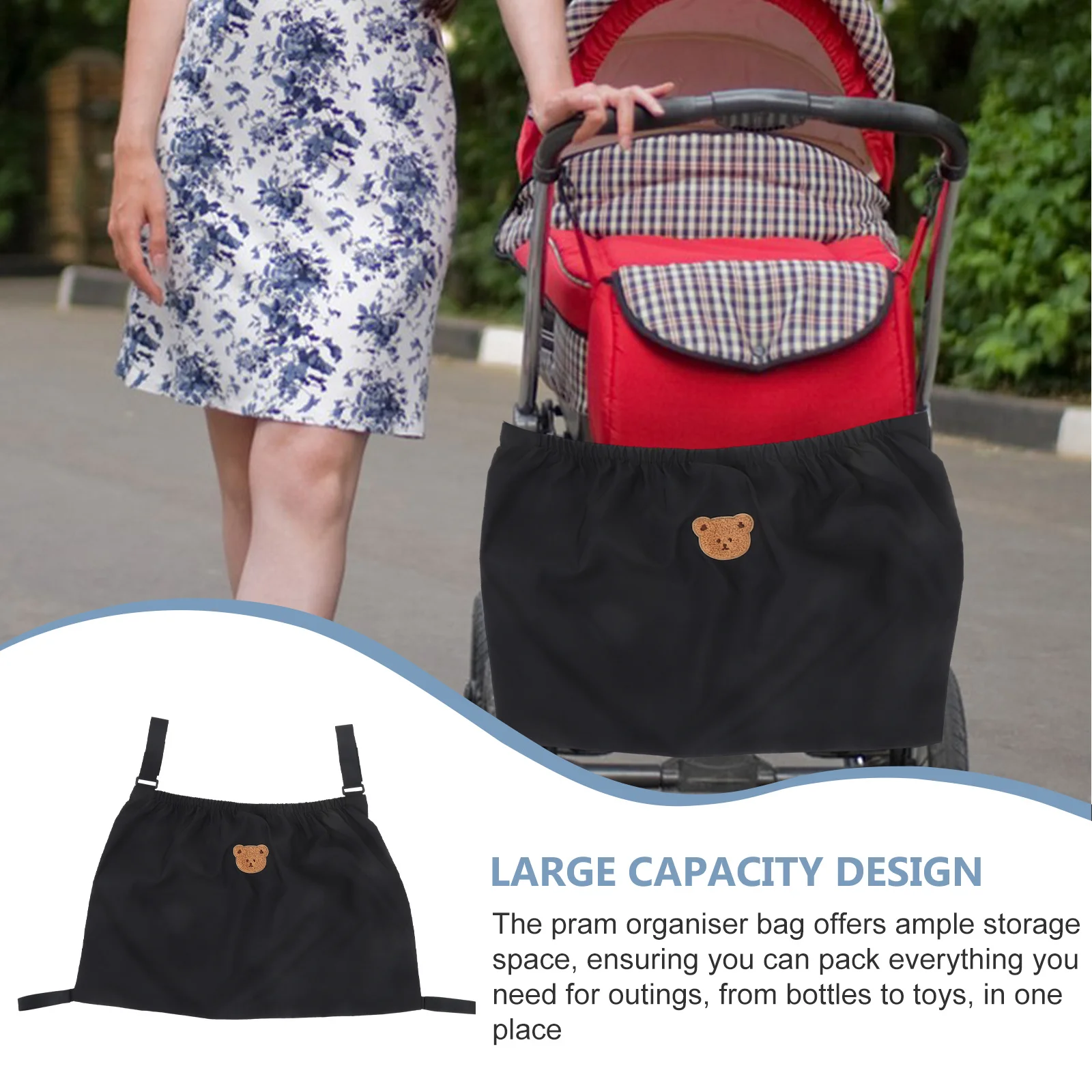 حقيبة عربة الأطفال، حقيبة تنظيم للتعليق، سعة كبيرة، تخزين الحفاضات، حامل معلق، عربة أطفال أساسية للسفر