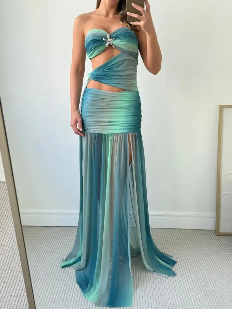 Chic multicolore bretelles Maxi Robe coupe ajustée dos nu évider Patchwork à volants femmes Robe de Bikini nouvelle dame Boho vêtements de plage