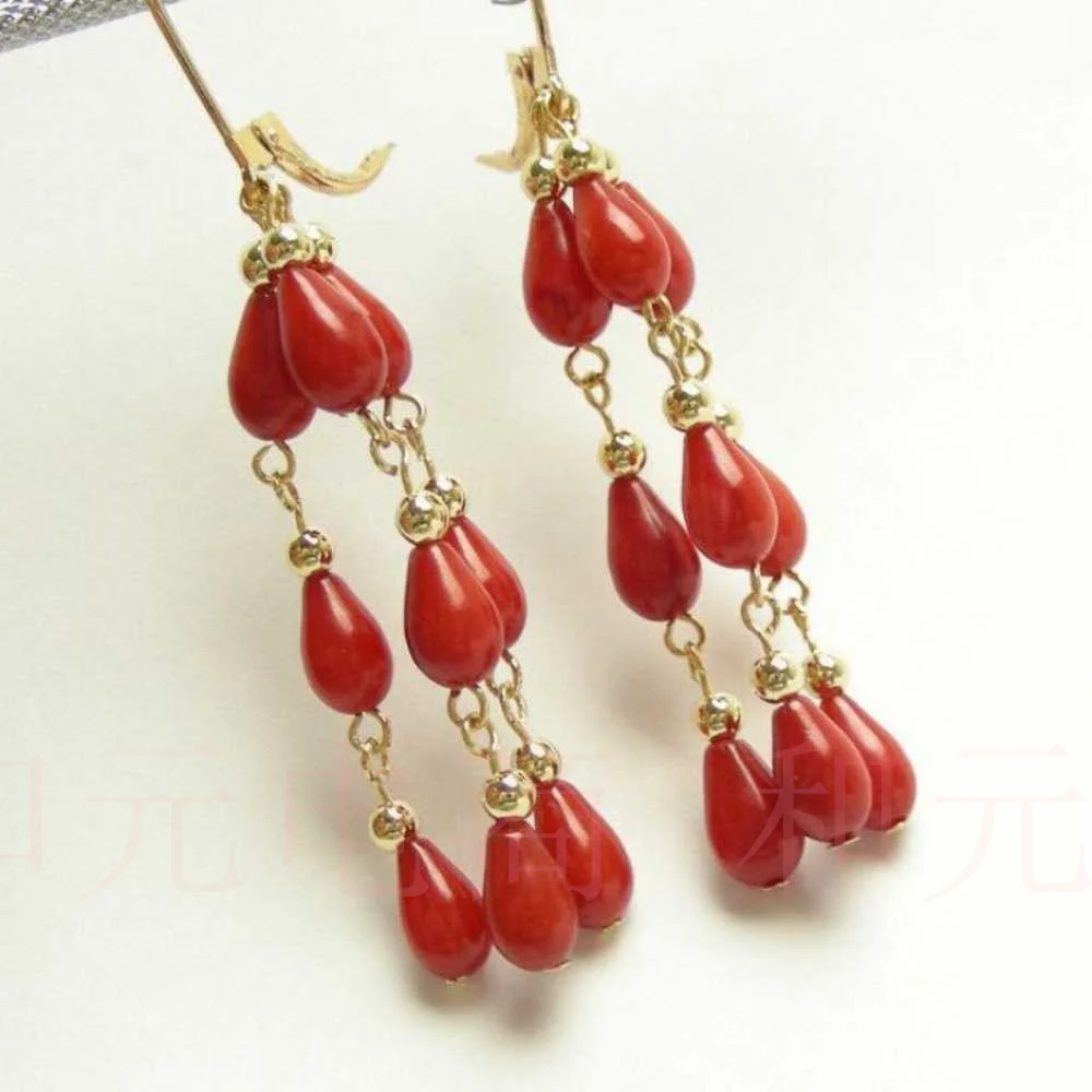 AAA Genuine 100% natural red coral earrings 14K gold hoop Dangle Accessories Fashion Diy Party Mother\'s Day Aquaculture Wedding