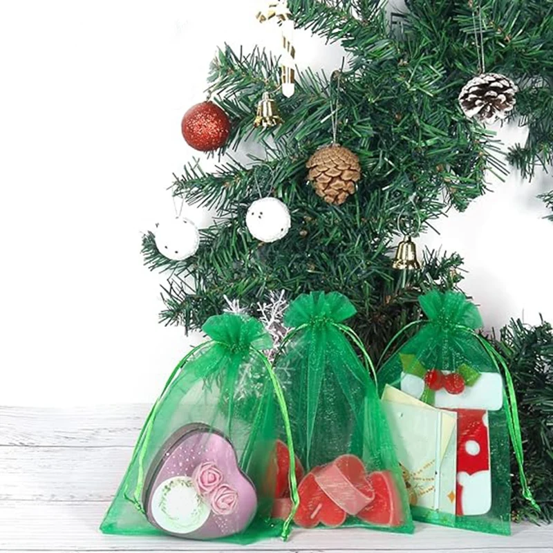 真珠糸巾着ディスプレイバッグ、グリーンクリスマスキャンディーギフトバッグ、100個