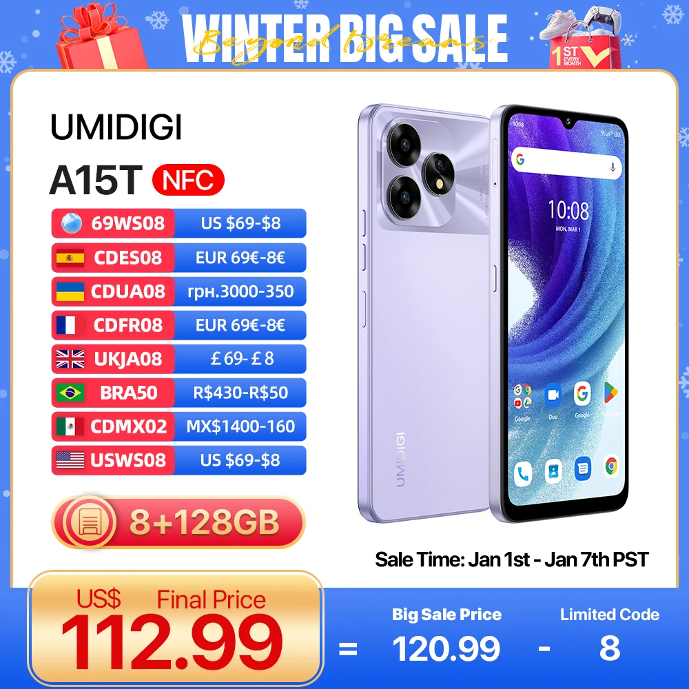 UMIDIGI A15T Smartphone Android 13 MTK Helio G95 Octa-Core Ultra-Slim 6.7’’ HD+ 8+8GB 128GB 64MP 5000mAh Battery Hotkey NFC AGPS