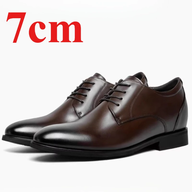 Brown Business Derby Shoes 7cm Elevator Men's Dress Shoes Genuine Leather Wedding Comfortable Invisible Height Increasing Shoes