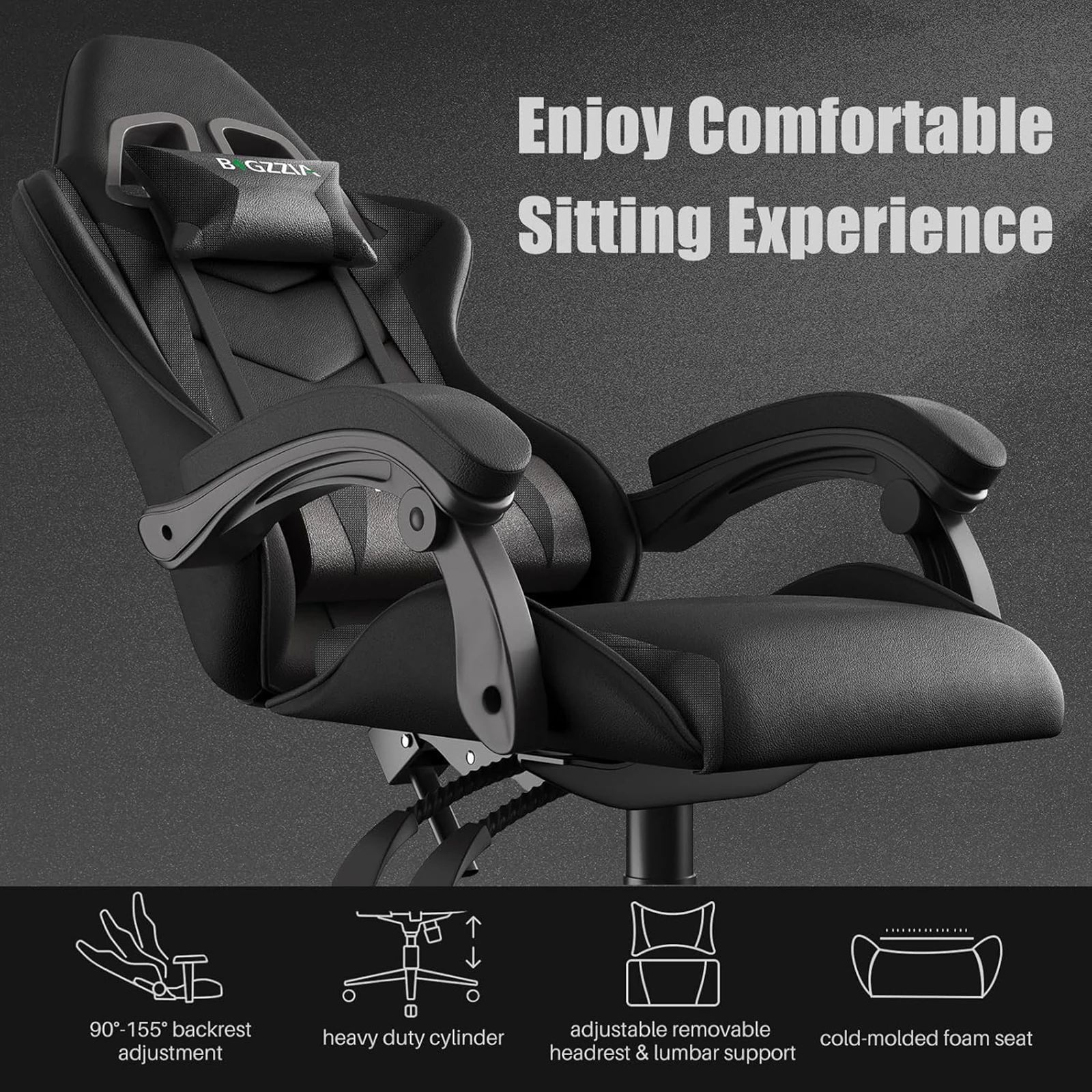 Bigzzia Ergonomic Gaming Chair Gamer Chairs with Lumbar Cushion Headrest, Height-Adjustable Computer Office Chair for Home