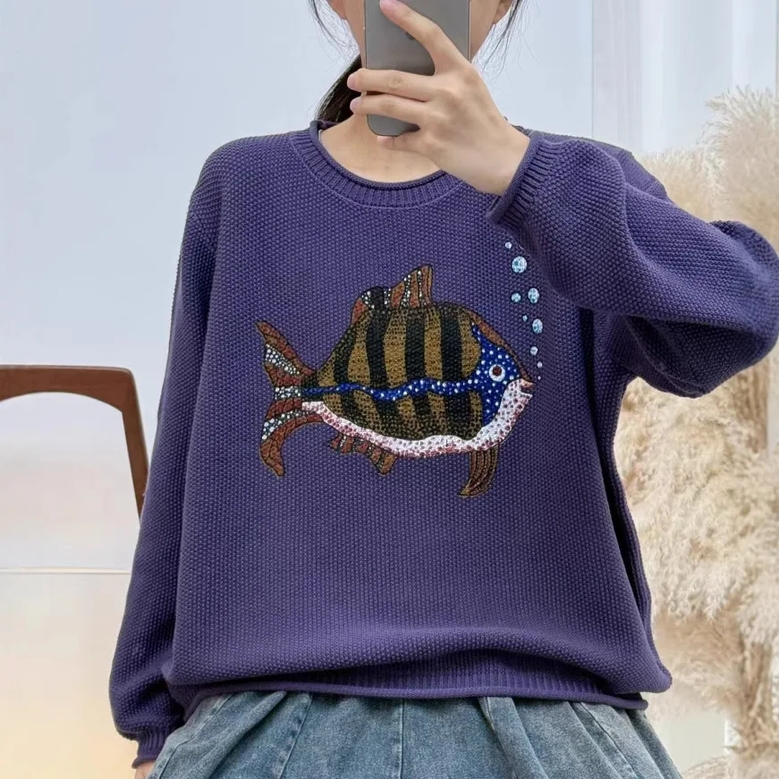 

24Women Sweaters Autumn Winter Casual Fish Printed Loose O-Neck Collar Ruched Female Tide Knit Pullovers Wild