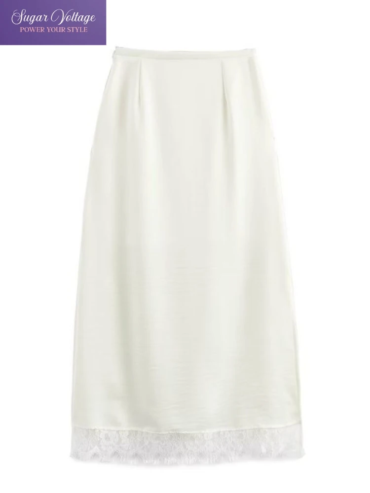 أنيقة الدانتيل المرقعة الساتان ميدي تنورة المرأة النمط الأوروبي مستقيم أنبوب تنورة خلات النسيج موضة بسيطة الزي بالجملة