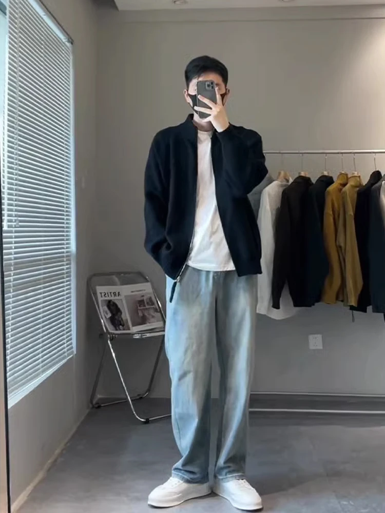 

Loose Casual High Collar Knitted Cardigan Coat for Men Bla Spring Autumn Zipper Sweater Sli All-Match Long Sve Top