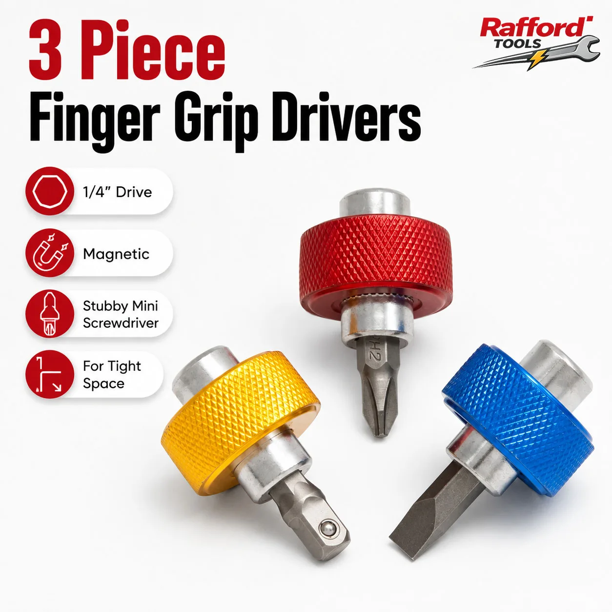Rafford 3-teiliges Fingergriff-Schraubendreher-Set 1/4 Zoll Magnetischer Steckschlüssel Mini Stubby Schraubendreher-Bithalter Werkzeug für Enge Räume Rep – Detail 3