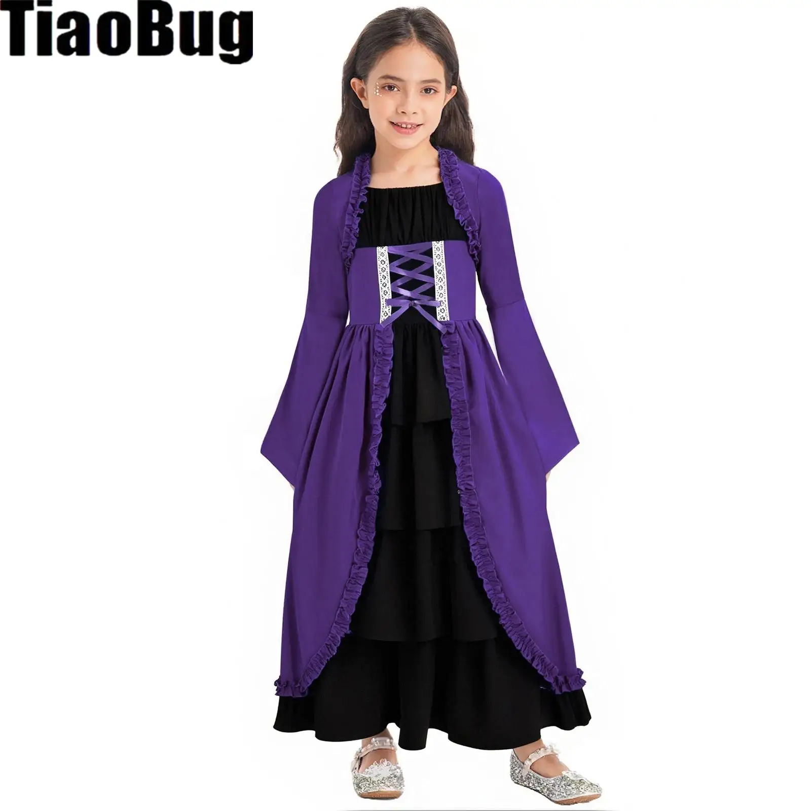 

Girls Medieval Renaissance Costume Flare Sleeve Victorian Royalty Princess Dress Halloween Cosplay Steampunk Gothic Robe Gown