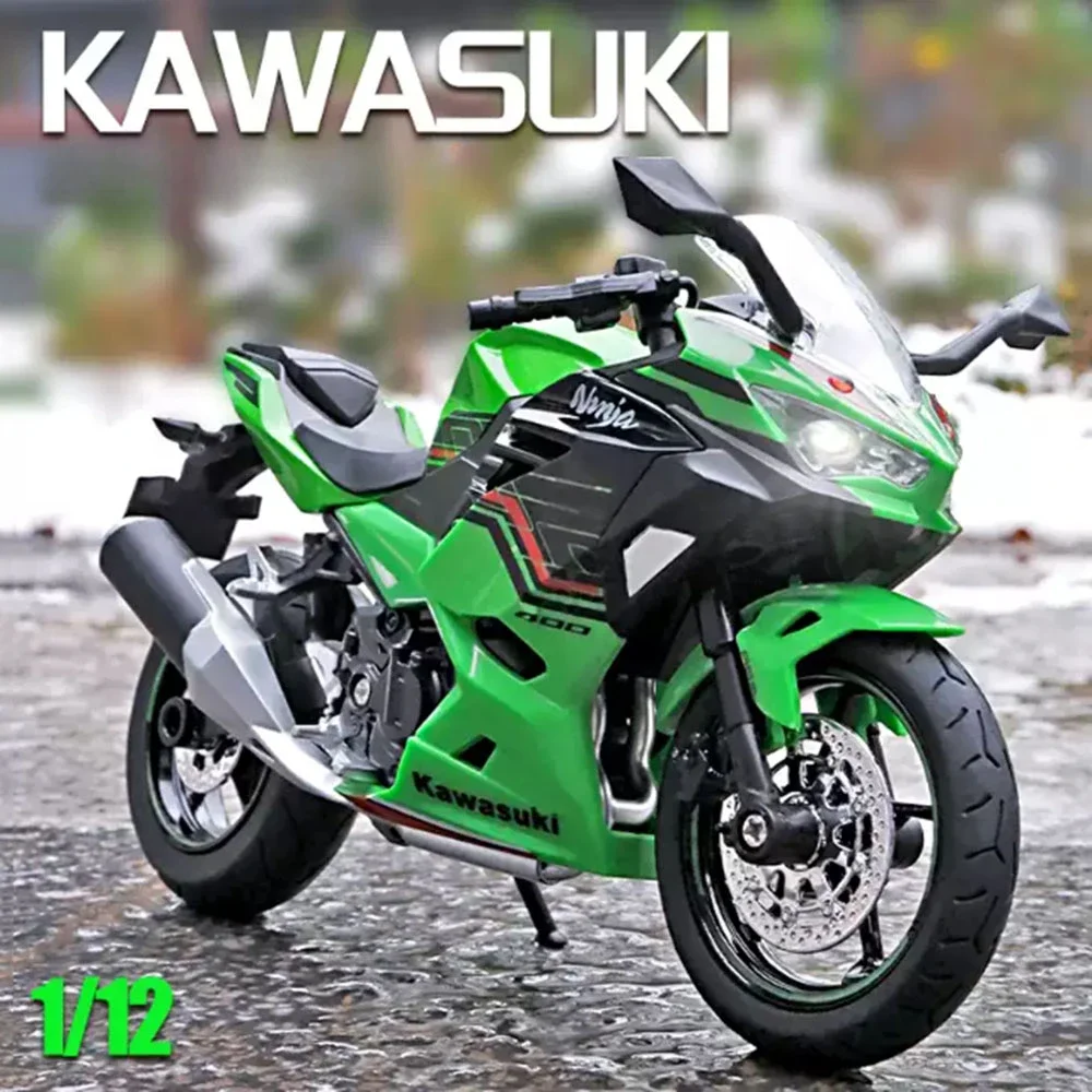 1:12 Kawasaki 400 pressofuso in lega modello di moto giocattolo auto ruota anteriore sterzo pneumatici in gomma moto raccogliere bambini regalo di Natale