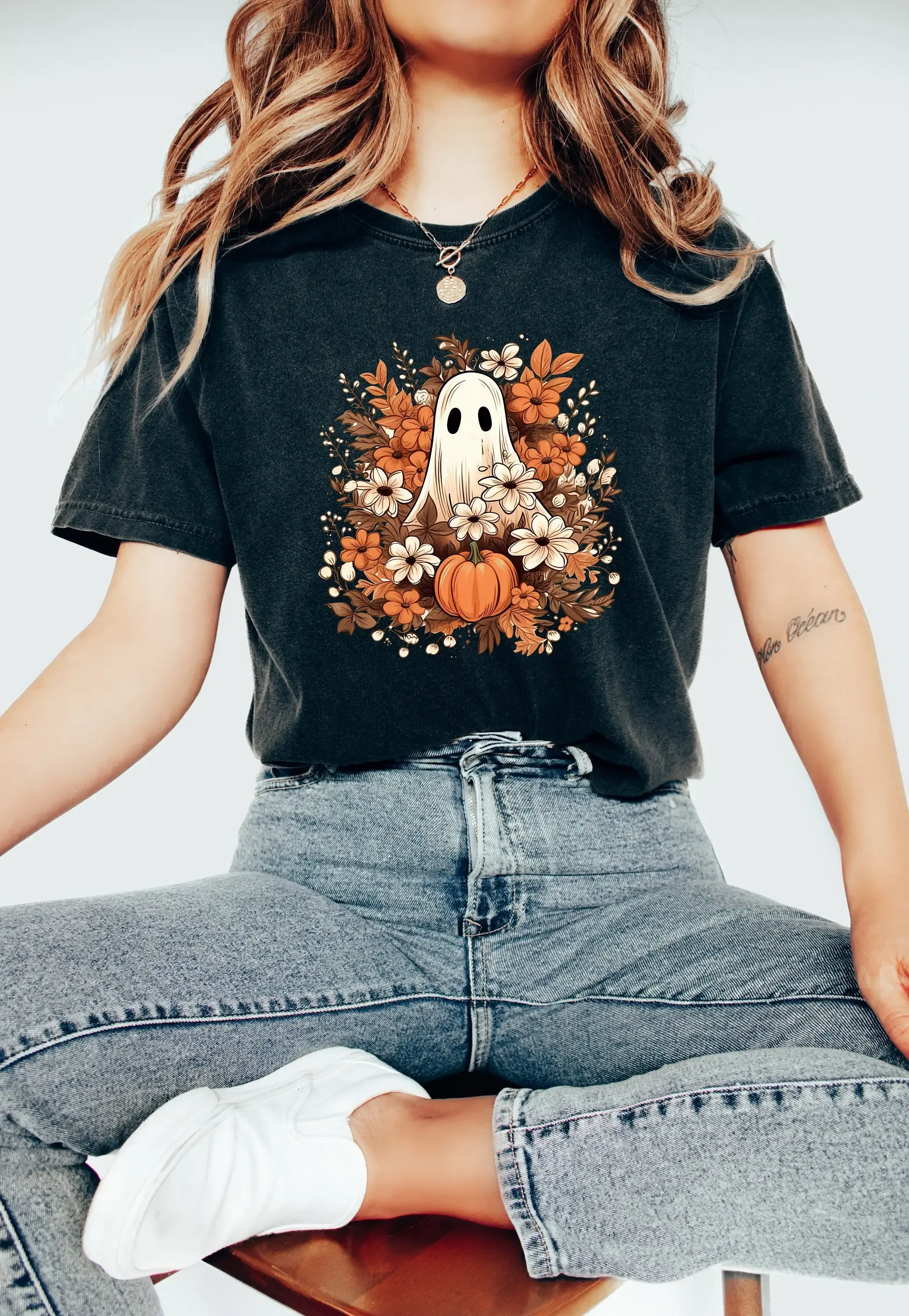 

Halloween Comfort Colors T Shirt Fall Vintage Retro Vibes Autumn Flowers Spooky Ghost