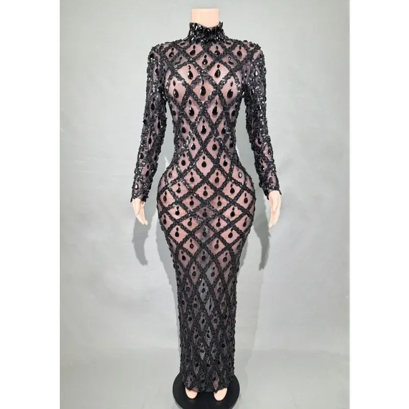 Vestido de strass brilhante personalizado para vestido de festa à noite feminino saia longa para performance de dança e vestido de competição