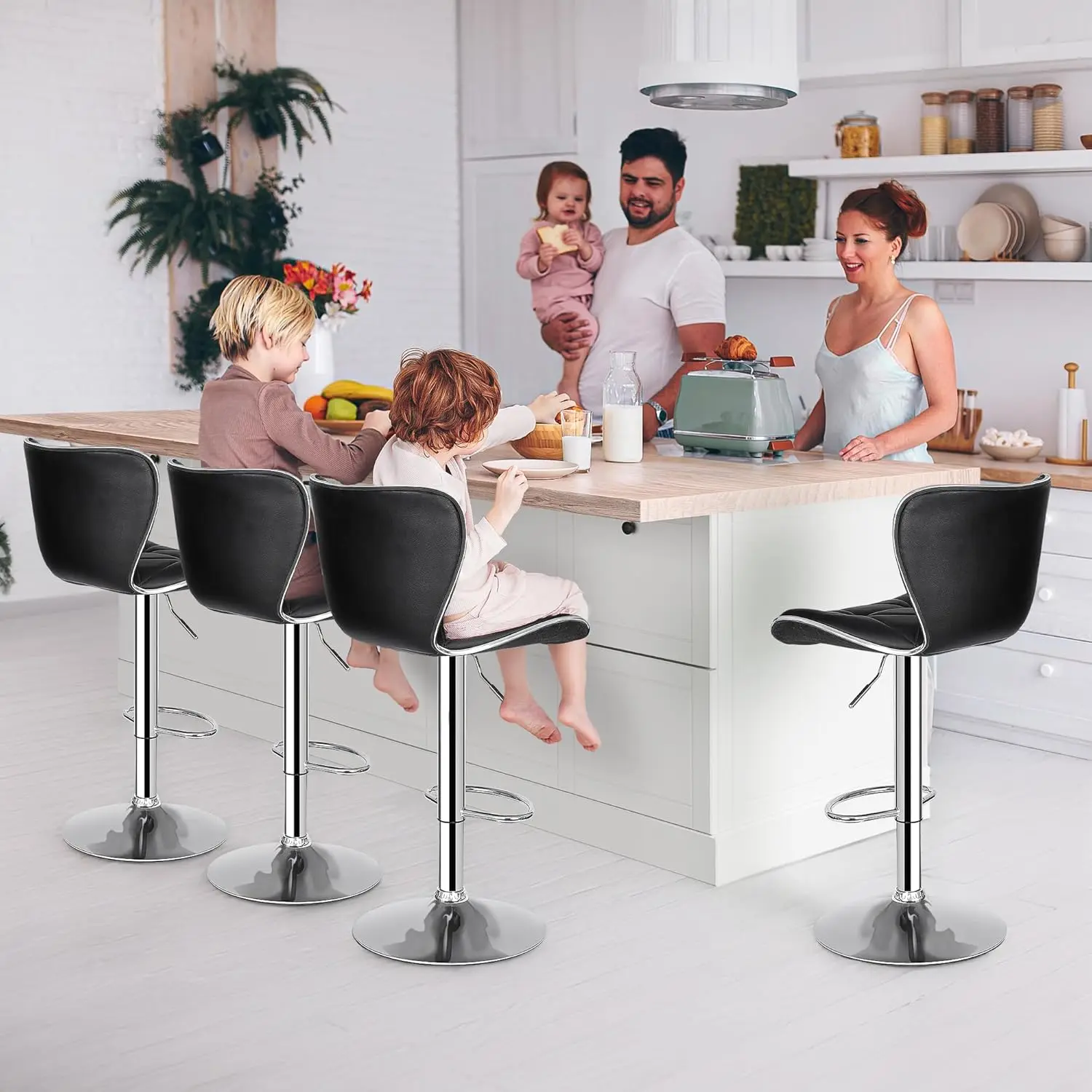 Conjunto de 4 bancos de bar giratórios ajustáveis, altura de balcão, encosto em couro PU, bancos altos pretos modernos